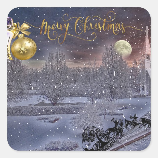 Gold Elegant Script Merry Christmas Ornament Square Sticker (Front)