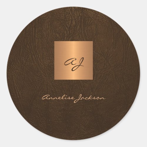 Gold elegant script monogram name leather classic round sticker