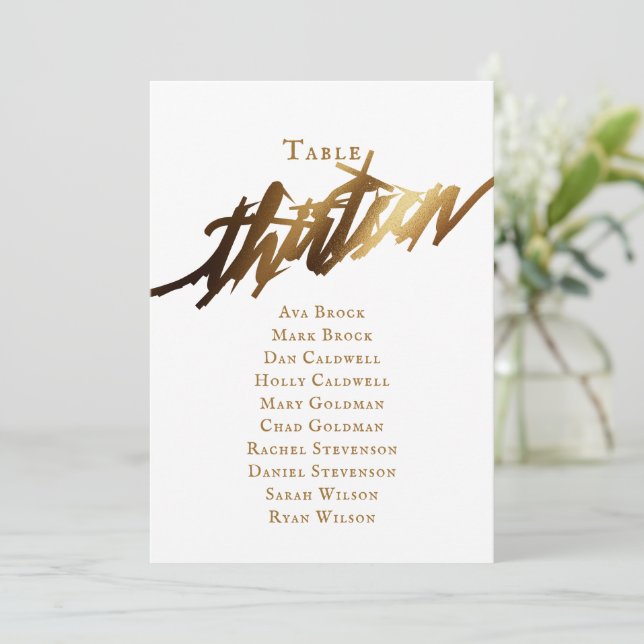 Gold Elegant Script Table Number 13 Seating Chart (Standing Front)