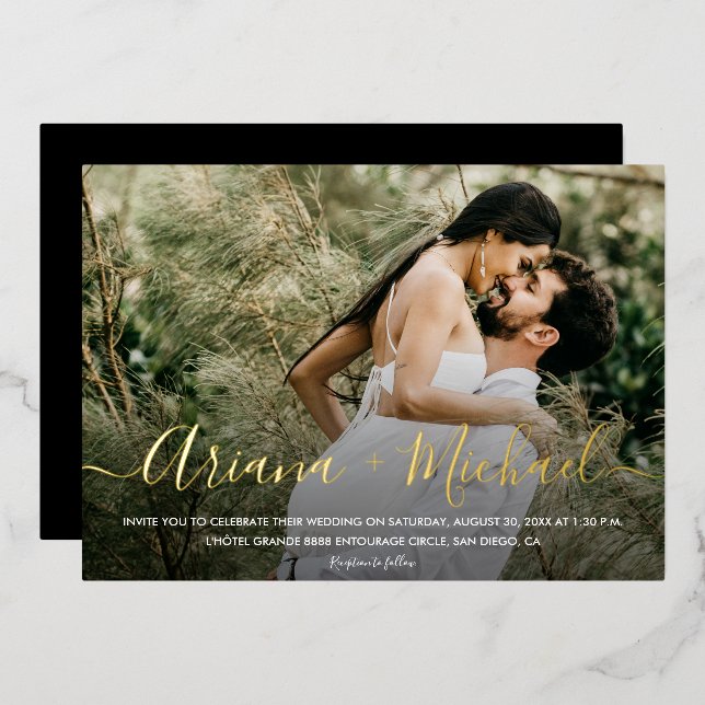 Gold Elegant Script Text overlay Photo Wedding  Foil Invitation (Front/Back)