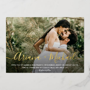 Gold Elegant Script Text overlay Photo Wedding  Foil Invitation