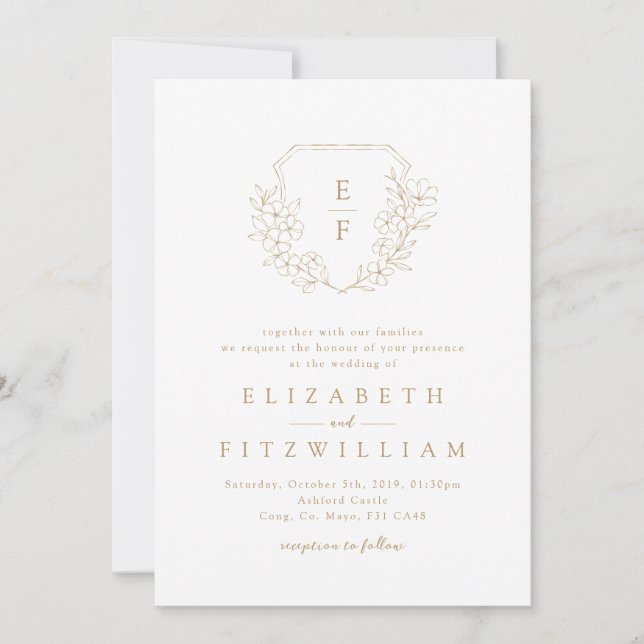 Gold Elegant Simple Cherry Blossom Monogram Crest Invitation (Front)