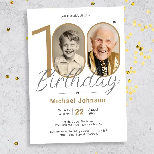 Gold Elegant Simple Photo 100th Birthday Party Invitation