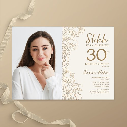 Gold Elegant Surprise Photo 30th Birthday Invitation