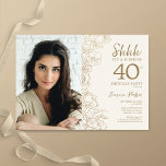 Gold Elegant Surprise Photo 40th Birthday Invitation<br><div class="desc">Floral gold cream surprise 40th birthday party invitation with your photo on the front of the card. Elegant modern design featuring botanical outline drawings accents and typography script font. Simple trendy invite card perfect for a stylish female bday celebration. Can be customized to any age. Printed Zazzle invitations or instant...</div>