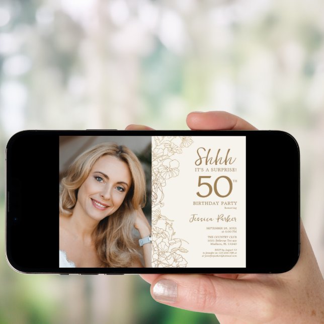 Gold Elegant Surprise Photo 50th Birthday Invitation (Front Digital)