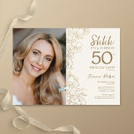 Gold Elegant Surprise Photo 50th Birthday Invitation<br><div class="desc">Floral gold cream surprise 50th birthday party invitation with your photo on the front of the card. Elegant modern design featuring botanical outline drawings accents and typography script font. Simple trendy invite card perfect for a stylish female bday celebration. Can be customized to any age. Printed Zazzle invitations or instant...</div>