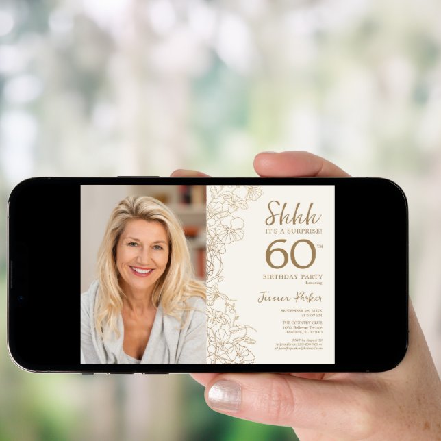 Gold Elegant Surprise Photo 60th Birthday Invitation (Front Digital)
