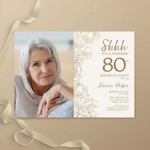 Gold Elegant Surprise Photo 80th Birthday Invitation