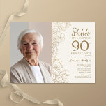 Gold Elegant Surprise Photo 90th Birthday Invitation<br><div class="desc">Floral gold cream surprise 90th birthday party invitation with your photo on the front of the card. Elegant modern design featuring botanical outline drawings accents and typography script font. Simple trendy invite card perfect for a stylish female bday celebration. Can be customized to any age. Printed Zazzle invitations or instant...</div>