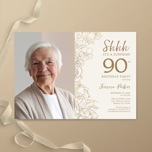 Gold Elegant Surprise Photo 90th Birthday Invitation