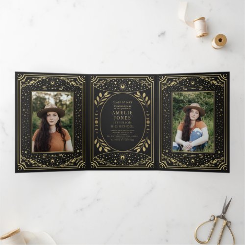 Gold Elegant Tarot  Photo Graduation Party  Tri_Fold Invitation