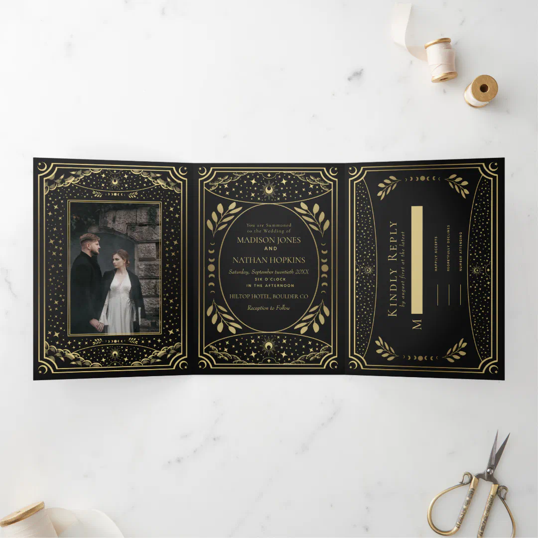 Gold Elegant Tarot Wedding Tri-Fold Invitation