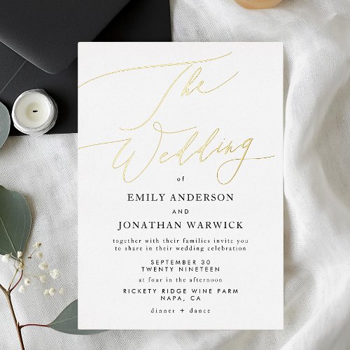 Gold Elegant Traditional Calligraphy Wedding Foil Invitation