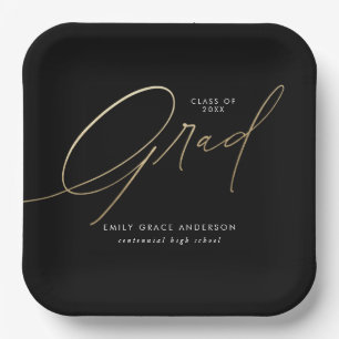 Gold Elegant Trendy Calligraphy Script Graduation Paper Plates