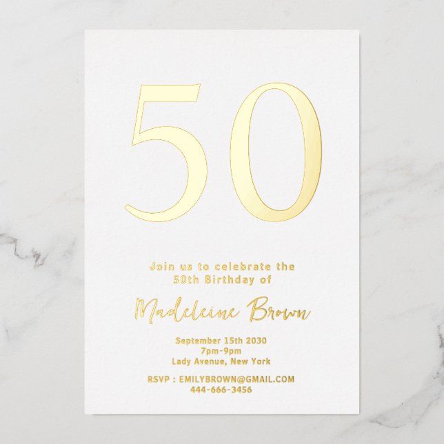 Gold Elegant Typography 50th Birthday Foil Invitation (Front)