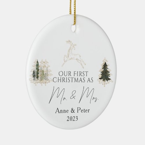 Gold Elegant Watercolor First Christmas Married Ceramic Ornament