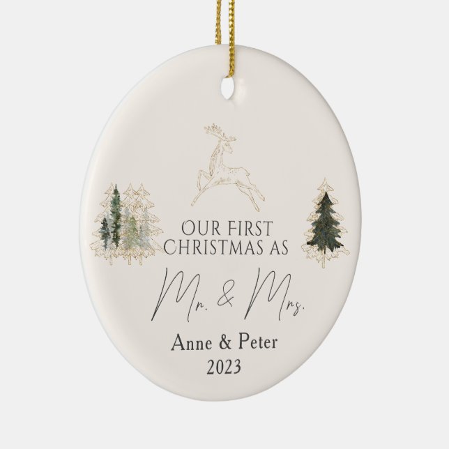 Gold Elegant Watercolor First Christmas Married Ceramic Ornament (Right)