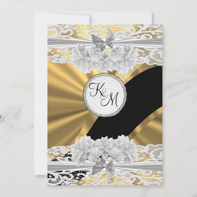 Gold elegant white lace monogram wedding invitation (Back)