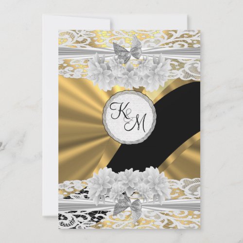 Gold elegant white lace monogram wedding invitation