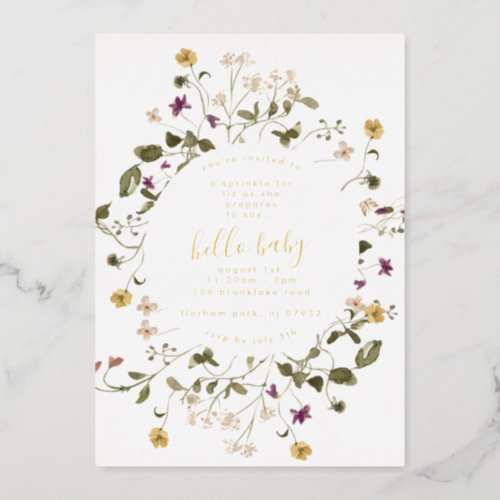 Gold Elegant Wildflower Pampas Floral Baby Shower Foil Invitation