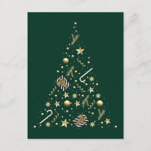 Gold Elegant Xmas Tree on Emerald Green Christmas Postcard