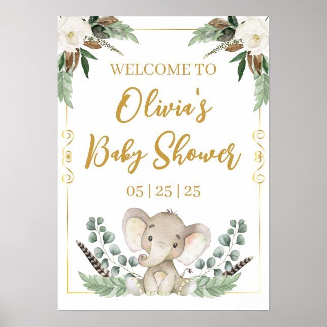 Gold Elephant Baby Shower Poster (Front)