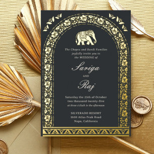 Gold Elephant & Lotus Flower Indian Wedding Foil Invitation