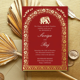 Gold Elephant & Lotus Flower Indian Wedding Foil Invitation