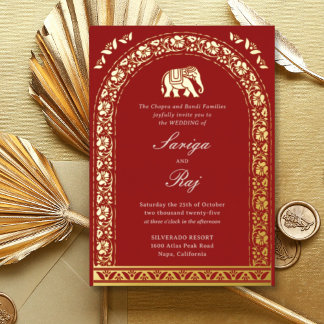 Gold Elephant & Lotus Flower Indian Wedding Foil Invitation