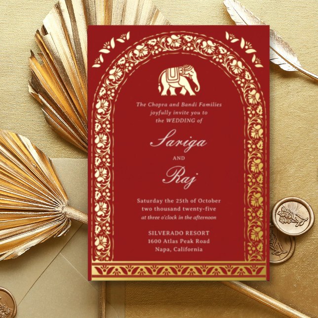 Gold Elephant & Lotus Flower Indian Wedding Foil Invitation (Indian wedding invitation with gold foil elephant and lotus flower motifs, traditional hindu wedding)