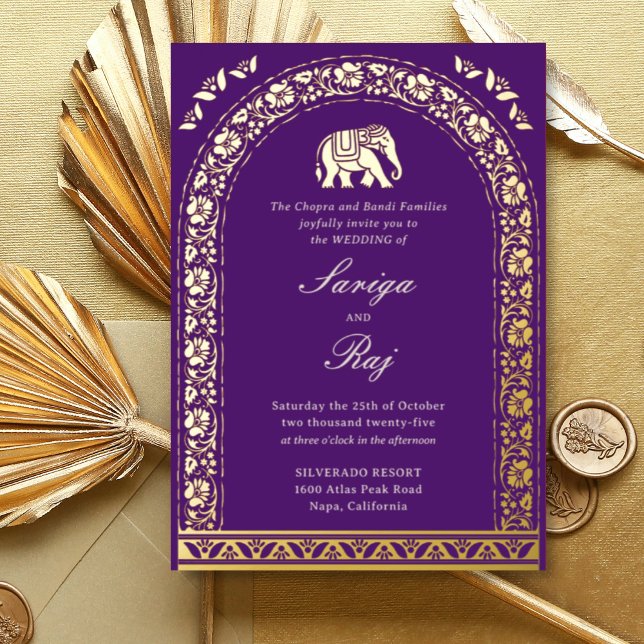 Gold Elephant & Lotus Flower Indian Wedding Foil Invitation (Purple Indian wedding invitation with elephant and lotus flower motif, hindu wedding invitation card)