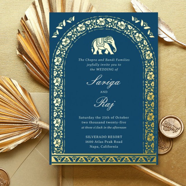Gold Elephant & Lotus Flower Indian Wedding Foil Invitation (Blue Indian wedding invitation with elephant and lotus flower motif, hindu wedding invitation card)
