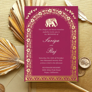 Gold Elephant & Lotus Flower Indian Wedding Foil Invitation