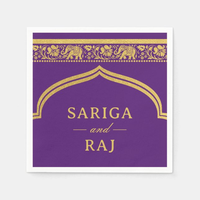 Gold Elephant & Lotus Flower Mundap Arch Wedding Napkins (Front)