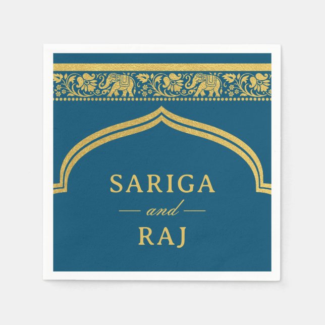 Gold Elephant & Lotus Flower Mundap Arch Wedding Napkins (Front)