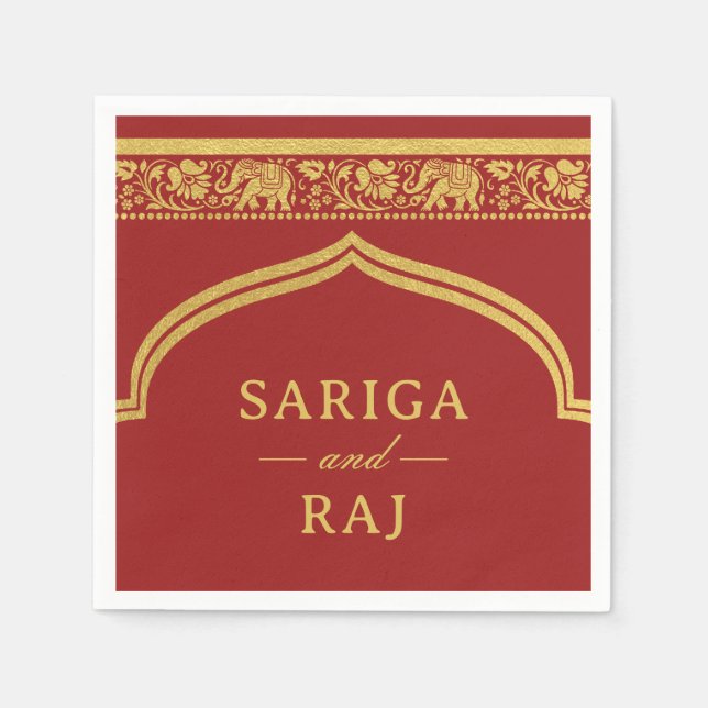 Gold Elephant & Lotus Flower Mundap Arch Wedding Napkins (Front)