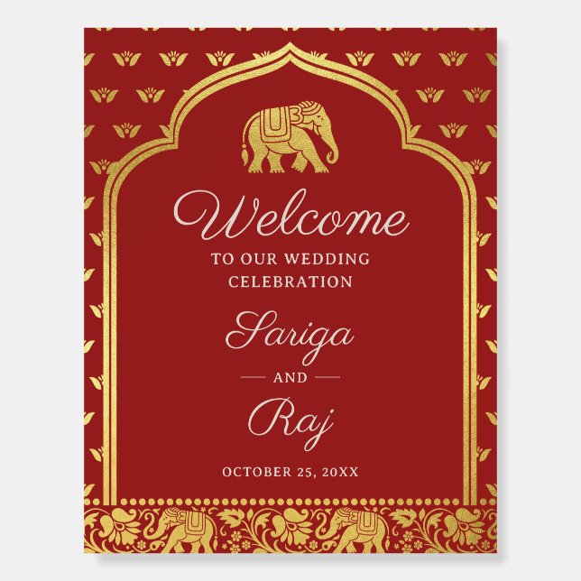 Gold Elephant & Lotus Indian Wedding Welcome Sign (Front)
