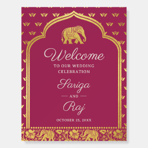 Gold Elephant & Lotus Indian Wedding Welcome Sign