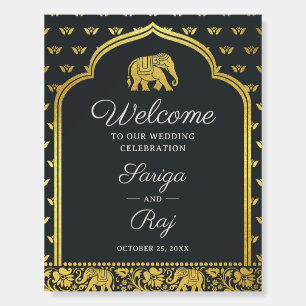 Gold Elephant & Lotus Indian Wedding Welcome Sign