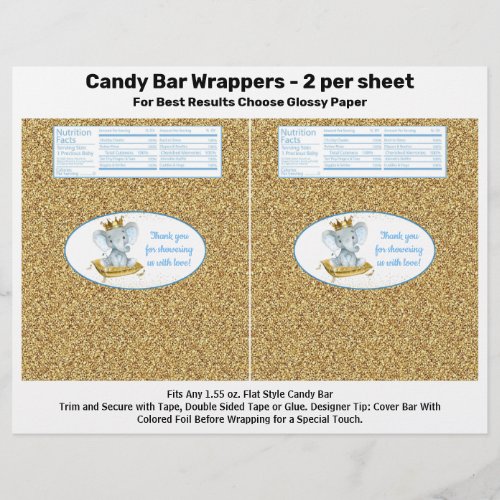 Gold Elephant Prince Baby Shower Candy Bar Wrapper
