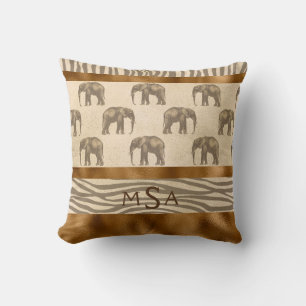 Gold Elephant Tiger Elegant Pretty Chic Monogram Throw Pillow
