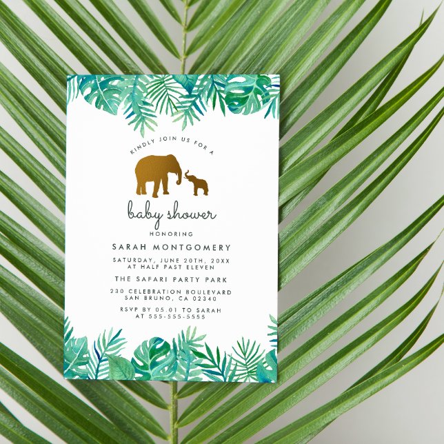 Gold Elephant & Tropical Leaves Jungle Baby Shower Invitation Postcard