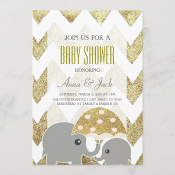 Gold Elephant Umbrella Baby Shower Party Invite by CleanGreenDesigns at Zazzle