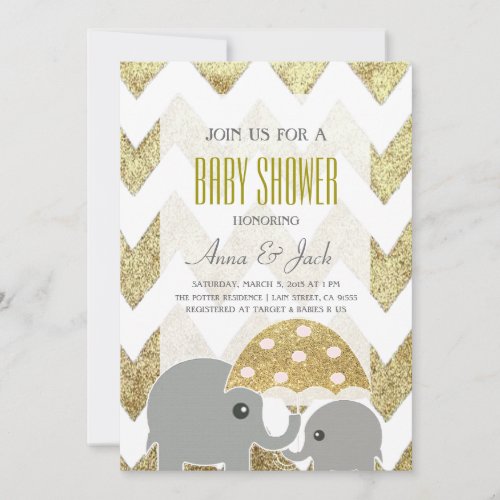 Gold Elephant Umbrella Baby Shower Party Invite