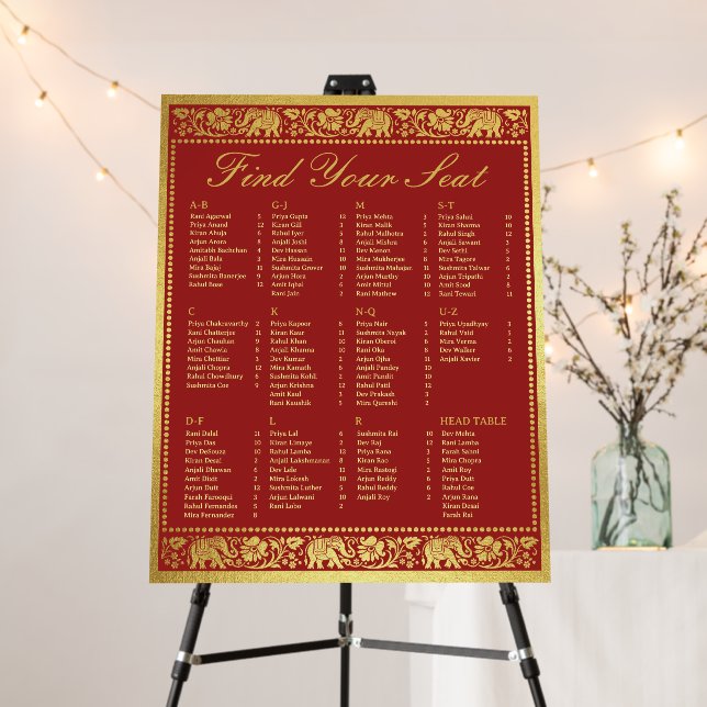 Gold Elephant Wedding Seating Chart & Table Number Foam Board (In Situ (Stand))