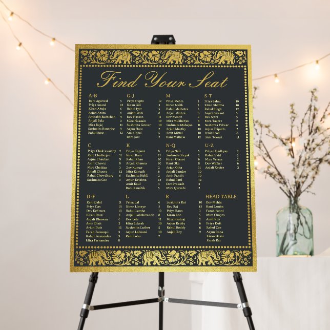 Gold Elephant Wedding Seating Chart & Table Number Foam Board (In Situ (Stand))