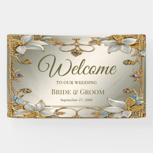 Gold Embellishing Frame White Flora Welcome Banner