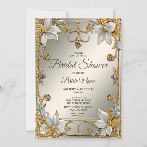 Gold Embellishing Frame White Floral Bridal Shower Invitation