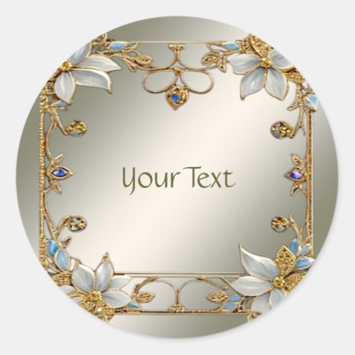 Gold Embellishing Frame White Floral Classic Round Sticker